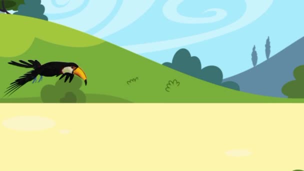 草の上を飛んでいるかわいい漫画の黒い鳥 子供たちに動物の名前を紹介するアニメーションビデオ 5歳の子供のために非常に適した — ストック動画