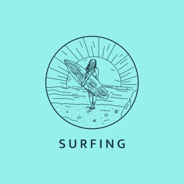Minimalist sörfçü kadın logo çizgisi resim tasarımı daire şeklinde