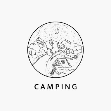 Dağlarda kamp yapan minimalist sanat logosu çizim şablonu tasarımı. Gökyüzünün büyüsü ve geceleri dağların doğası..