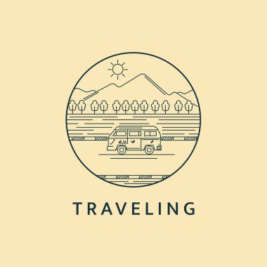 Minimalist seyahat logosu çizimi resim tasarımı dairesel. Güzel manzaralı araba turu..