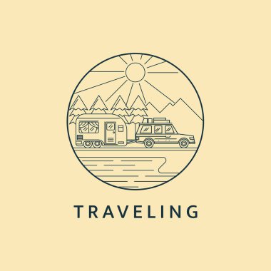 Minimalist seyahat logosu çizimi resim tasarımı dairesel. Güzel manzaralı araba turu..