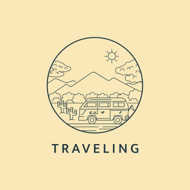 Minimalist seyahat logosu çizimi resim tasarımı dairesel. Güzel manzaralı araba turu..