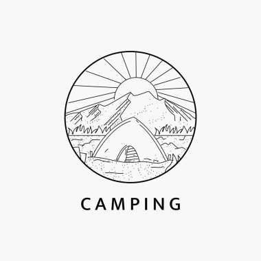 Dağlarda kamp yapan minimalist sanat logosu çizim şablonu tasarımı