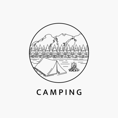 Dağlarda kamp yapan minimalist sanat logosu çizim şablonu tasarımı
