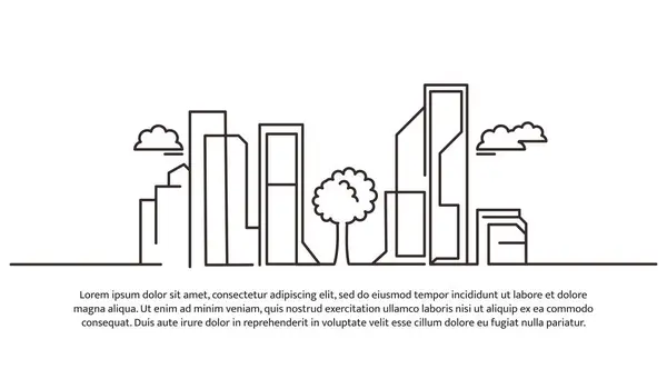 stock vector Continuous line design of cityscape. Friendly future city design concept. Panorama of skyscrapers. Decorative elements drawn on a white background.