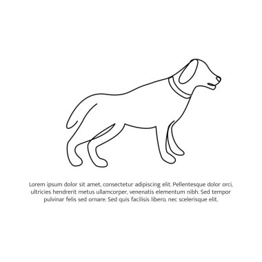 Köpek hattı tasarımı. Basit hayvan silueti dekoratif elementler sürekli bir çizgi ile çizilmiş. Beyaz arkaplanda minimalist tarzın vektör illüstrasyonu.