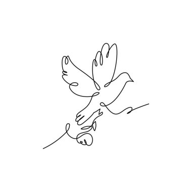 Güvercin bir sürekli çizgi çiziyor. Güzel dekorasyon, el yapımı elementler. Beyaz arkaplan üzerindeki minimalist biçimin vektör illüstrasyonu.