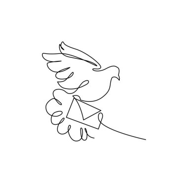 Güvercin bir sürekli çizgi çiziyor. Güzel dekorasyon, el yapımı elementler. Beyaz arkaplan üzerindeki minimalist biçimin vektör illüstrasyonu.