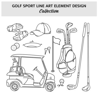 Golf ekipmanları el çizimi vektör çizimi. Spor simgesi tasarım şablonu.