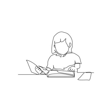 Sürekli kitap okuyarak ders çalışan bir kız. Beyaz arkaplanda minimalist biçim vektör çizimi.