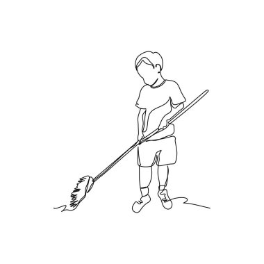 Süpüren bir çocuğun kesintisiz çizgisi. Beyaz arkaplanda minimalist biçim vektör çizimi.