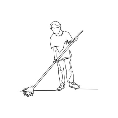 Yerleri paspaslayan bir çocuğun aralıksız çizgisi. Beyaz arkaplanda minimalist biçim vektör çizimi.