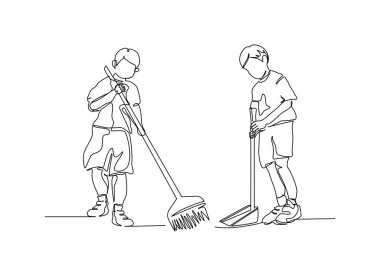 Zemini temizlemek için birlikte çalışan iki çocuğun durmaksızın çizgisi. Beyaz arkaplanda minimalist biçim vektör çizimi.