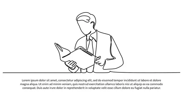 Elinde kitap tutan bir adamın basit, kesintisiz çizgi tasarımı. İş adamı veri okuyor. Doktor bir kitap açar. Dekoratif öğeler beyaz arkaplanda çizilir.