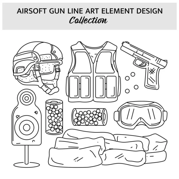 Airsoft Gun ekipmanları el çizimi vektör çizimi. Spor simgesi tasarım şablonu.