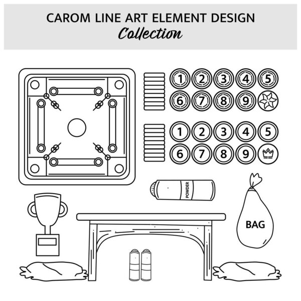 Set of Carom equipment hand drawn vector illustration. Sports icon design template.
