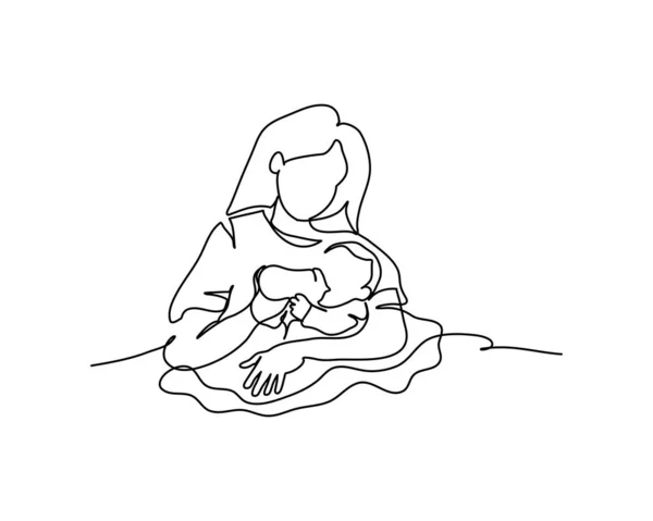 Bir anne sürekli bir çizgi bebeğine emzik kullanarak süt verir. Beyaz arkaplanda minimalist biçim vektör çizimi.