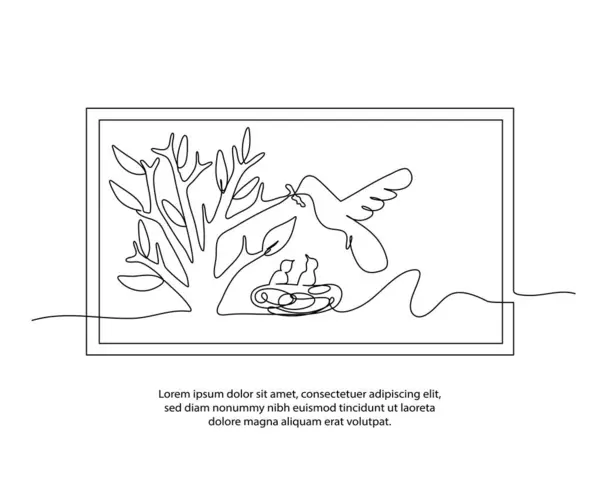 Kuşların çizdiği bir çizgi güzel bir çerçeve ile yavrularını yuvada besliyor. Soyut asgari aralıksız çizgi duvar dekoru.