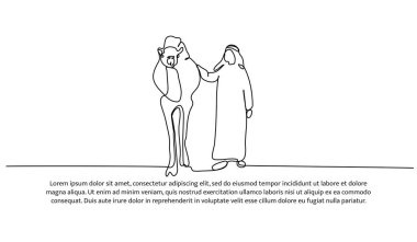 Türbanlı genç bir adamın vektör çizimi deveyi yönetiyor. Devamlı çizgi biçiminde modern düz.