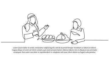 Müslüman çiftin birlikte yemek yediğinin vektör çizimi. Devamlı çizgi biçiminde modern düz.