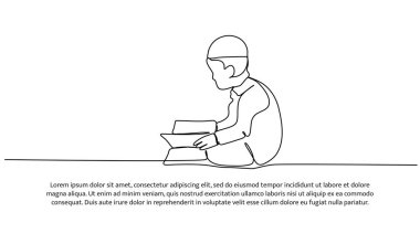Kuran okuyan küçük bir çocuğun vektör illüstrasyonu. Devamlı çizgi biçiminde modern düz.