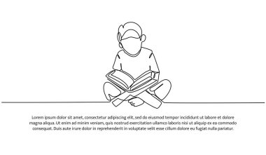 Kuran okuyan küçük bir çocuğun vektör illüstrasyonu. Devamlı çizgi biçiminde modern düz.