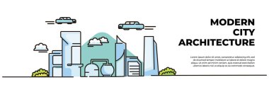 Şehir görüşü vektör illüstrasyonu. Ofis ve sanayi binaları üzerinde uçan araçlar. Fantezi şehir konsepti. Devamlı çizgi biçiminde modern düz.