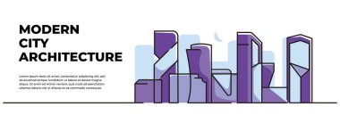 Şehir binaları peyzaj vektör çizimi. Devamlı çizgi biçiminde modern düz.