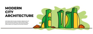 Şehir binaları peyzaj vektör çizimi. Devamlı çizgi biçiminde modern düz.