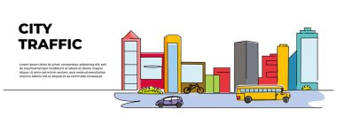 Şehir sınırının binaların önündeki otoyoldaki araç trafiğinin vektör çizimi. Şehir merkezi faaliyet tasarımı konsepti. Devamlı çizgi biçiminde modern düz.