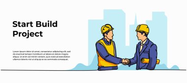 Müteahhidin vektör çizimi el sıkışıyor. Devamlı çizgi biçiminde modern düz.