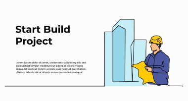 İnşaat müteahhitlerinin elinde planlar olan vektör çizimi. Devamlı çizgi biçiminde modern düz.