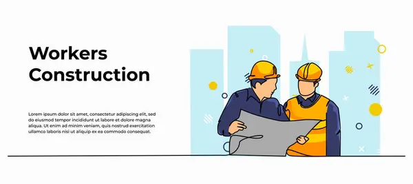 İnşaat müteahhitlerinin planları tartışan vektör çizimi. Devamlı çizgi biçiminde modern düz.