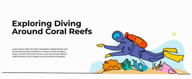 Mercan resiflerinin etrafında dalış yapmanın vektör çizimi. Devamlı çizgi biçiminde modern düz.