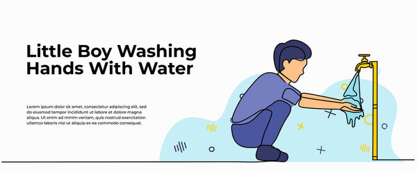 Vector illustration of little boy washing hands with water. Modern flat in continuous line style.