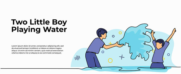Vector illustration of two small children playing in the water. Modern flat in continuous line style.