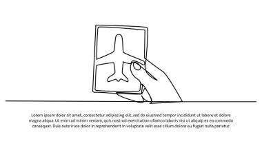 Uçağa binmek için sürekli bir bilet dizaynı. Beyaz arka planda minimalist stil vektör illüstrasyonu.