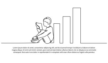 Aralıksız bir çizgi dizaynı olan çocuk kitap okuyor ve bilgi birikimi artıyor. Beyaz arkaplanda minimalist biçim vektör çizimi.