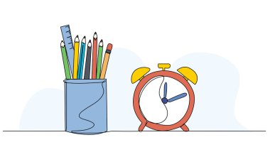 Kalem kutusunun vektör çizimi. Devamlı çizgi biçiminde modern düz.