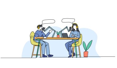 Genç bir erkek ve kadın podcast 'inin vektör illüstrasyonu. Devamlı çizgi biçiminde modern düz.