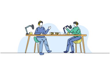 İki genç adamın podcast 'inin temsili. Devamlı çizgi biçiminde modern düz.