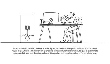 Genç bir adamın sürekli dizaynı podcast yapmaktır. Beyaz arkaplanda minimalist biçim vektör çizimi.