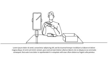 Bir adamın kesintisiz çizgisi bir ayakkabı ürününü gözden geçirmektir. Beyaz arkaplana çizilmiş tek satır dekoratif ögesi.