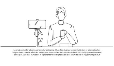 Bir erkek blogcunun kesintisiz çizgi tasarımı bir ürünü eleştiriyor. Beyaz arkaplana çizilmiş tek satır dekoratif ögesi.