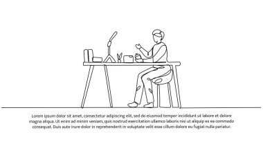 Bir erkek blogcunun kesintisiz çizgi tasarımı bir ürünü eleştiriyor. Beyaz arkaplana çizilmiş tek satır dekoratif ögesi.