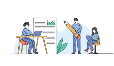 Sosyal medya yönetiminin vektör illüstrasyonu. Devamlı çizgi biçiminde modern düz.