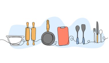 Yemek pişirme ekipmanlarının vektör çizimi. Devamlı çizgi biçiminde modern düz.