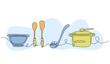 Yemek pişirme ekipmanlarının vektör çizimi. Devamlı çizgi biçiminde modern düz.