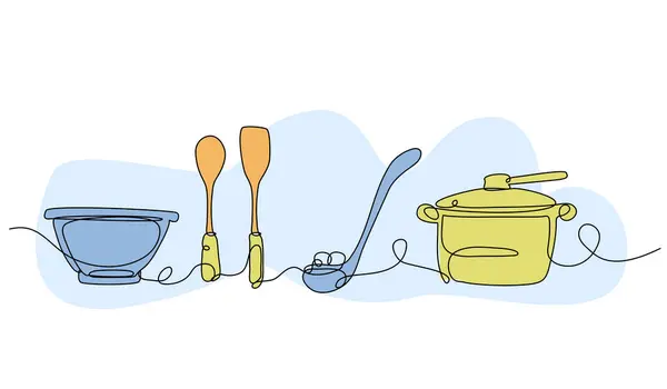 Yemek pişirme ekipmanlarının vektör çizimi. Devamlı çizgi biçiminde modern düz.