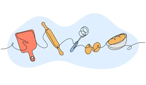 Pasta pişirme ekipmanlarının vektör çizimi. Devamlı çizgi biçiminde modern düz.
